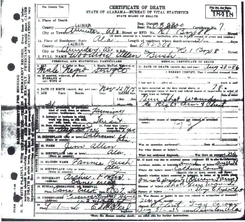 Certified Death Certificate of Woodrow Allen BushPicture