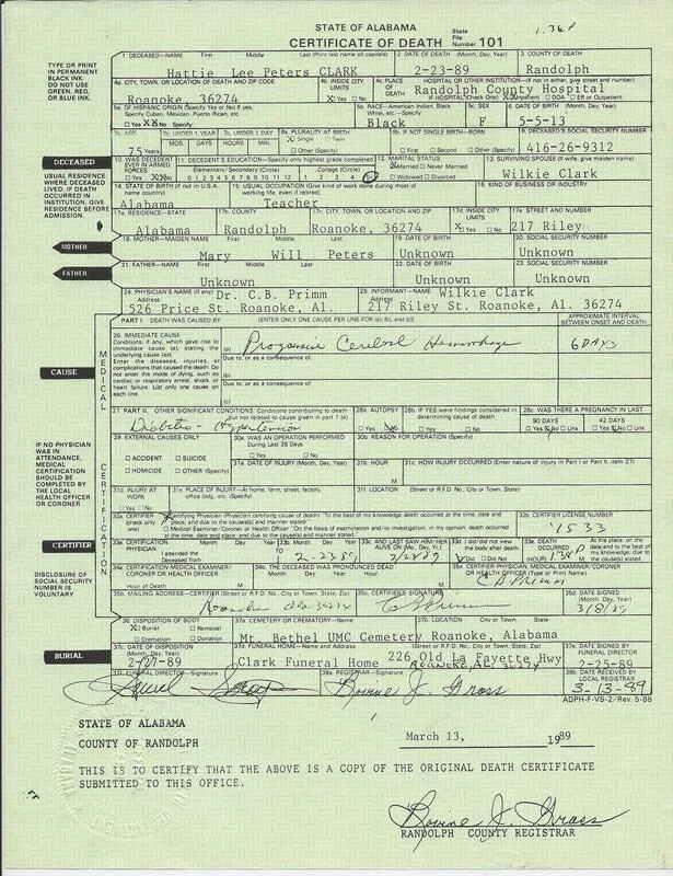 PictureHattie Lee Peters Clark Death Certificate
